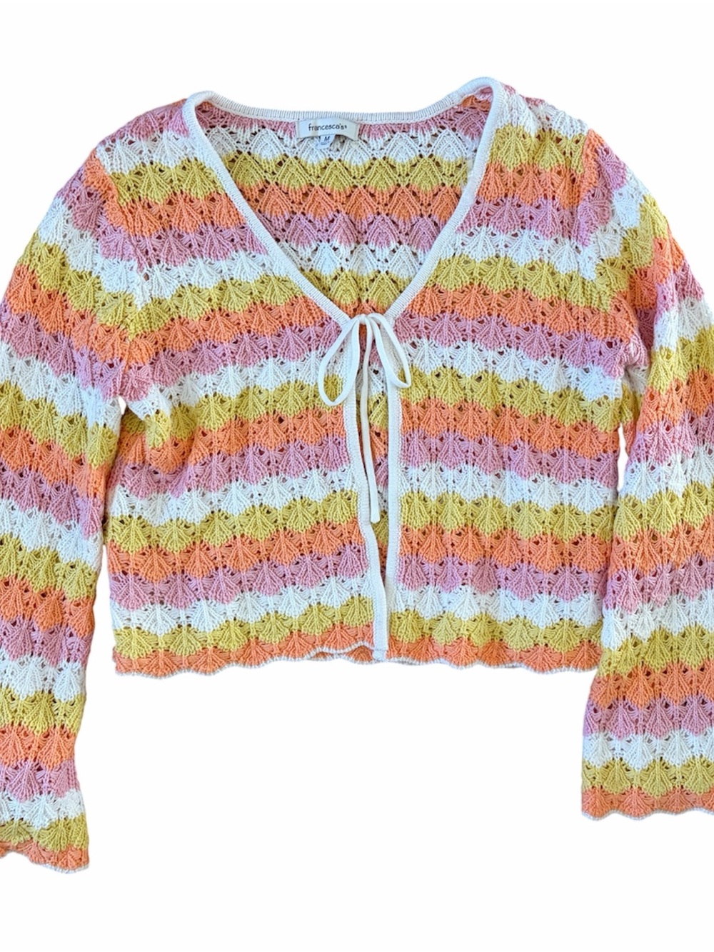 Women’s Medium Francescas Cardigan Boho Crochet Knit Pastel Bell Sleeve Sweater